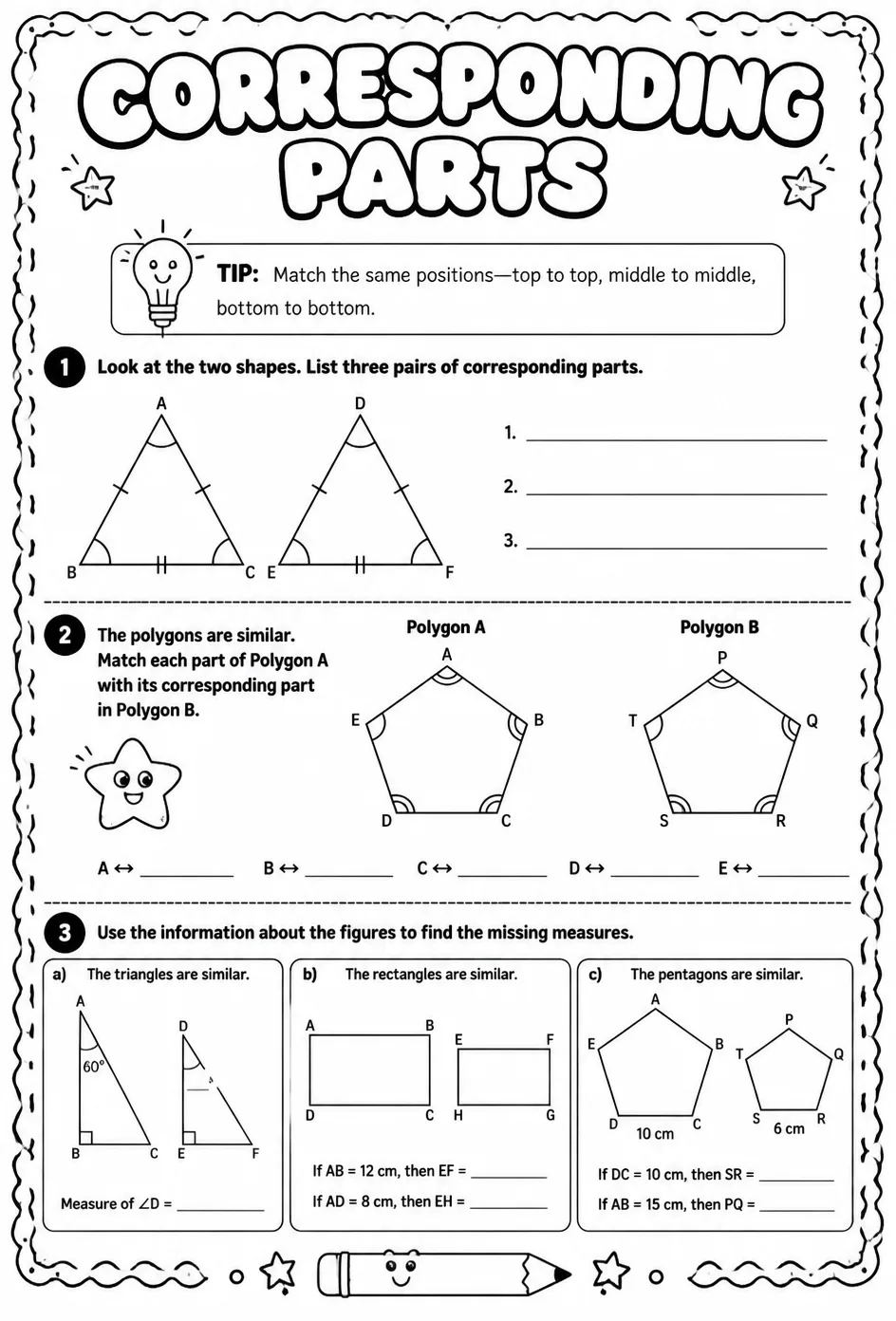 Solve problems involving corresponding parts — free printable Geometry math worksheet