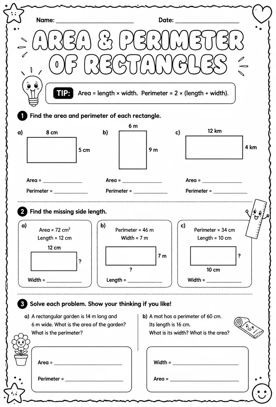 Solve problems involving the area and perimeter of rectangles — free printable Grade 4 math worksheet