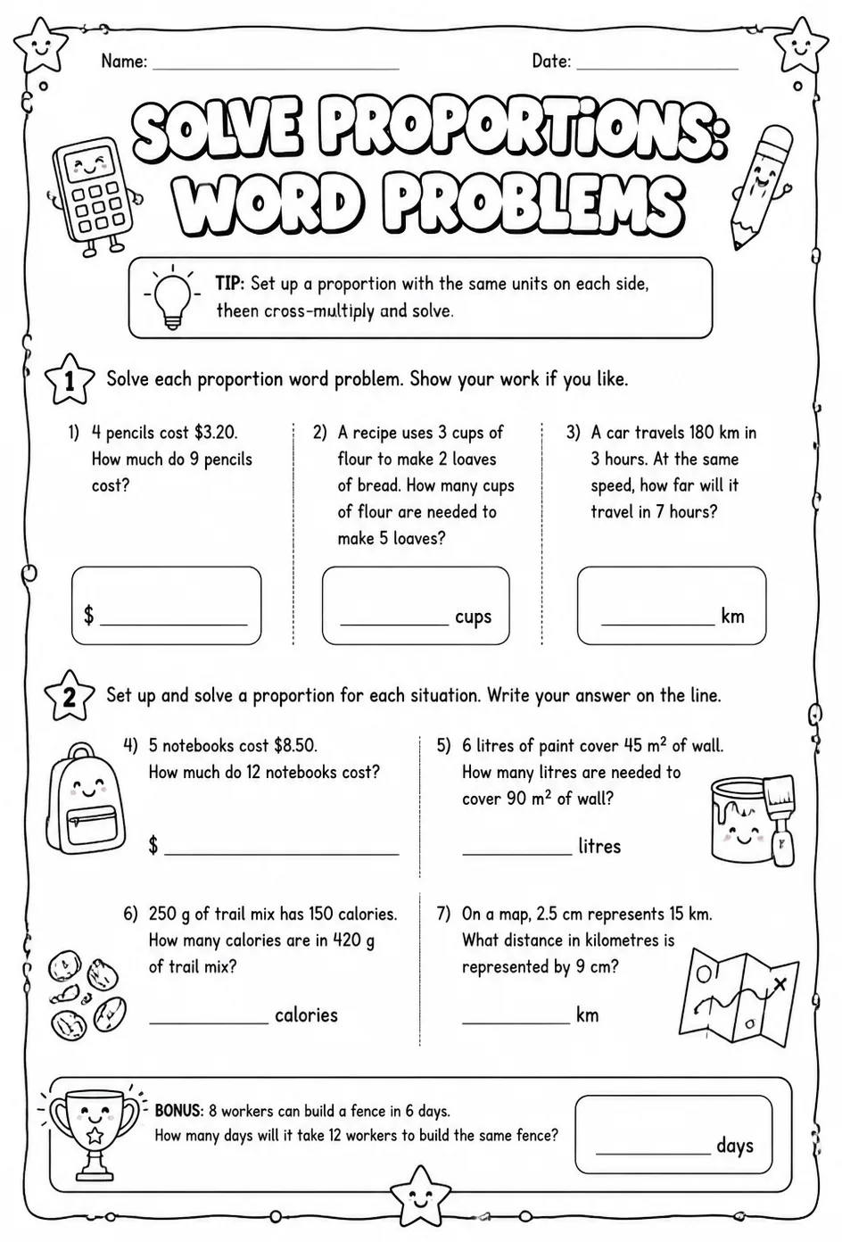 Solve proportions: word problems — free printable Grade 7 math worksheet