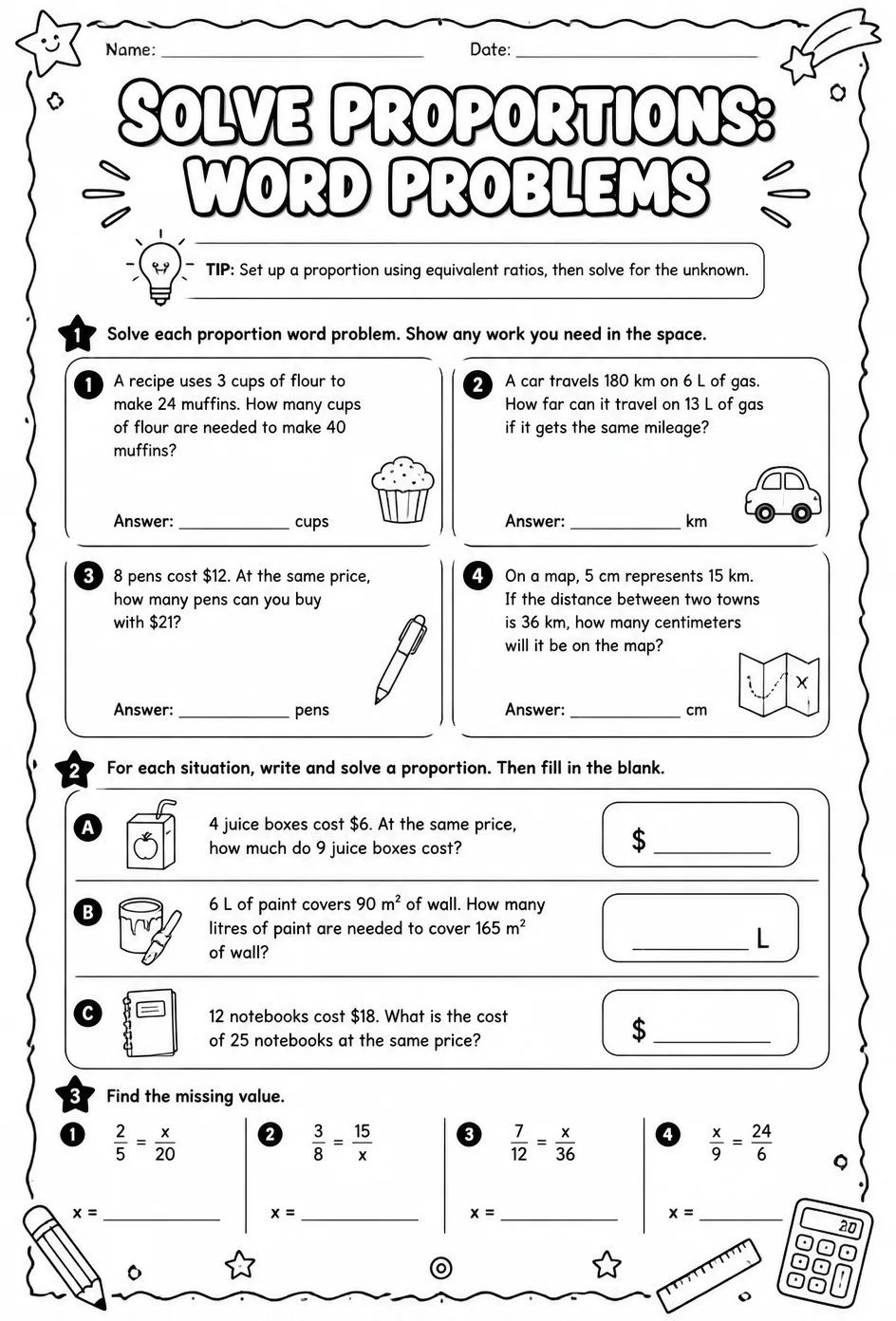 Solve proportions: word problems — free printable Grade 8 math worksheet