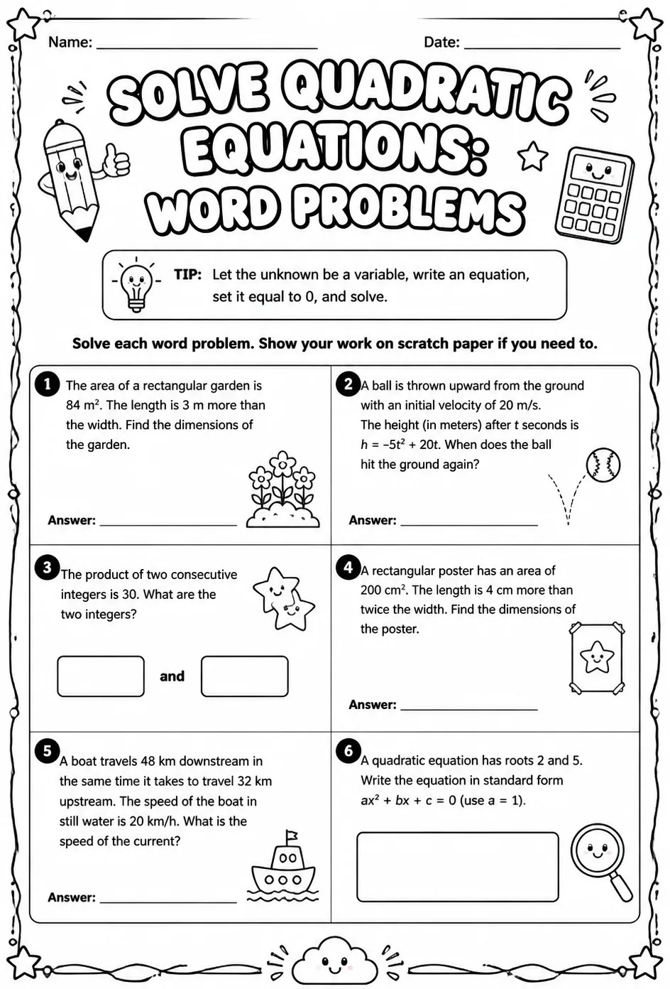 Solve quadratic equations: word problems — free printable Algebra 1 math worksheet