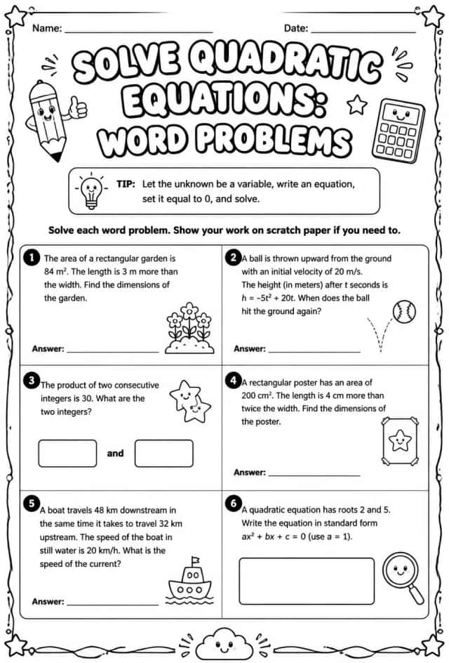 Solve quadratic equations: word problems