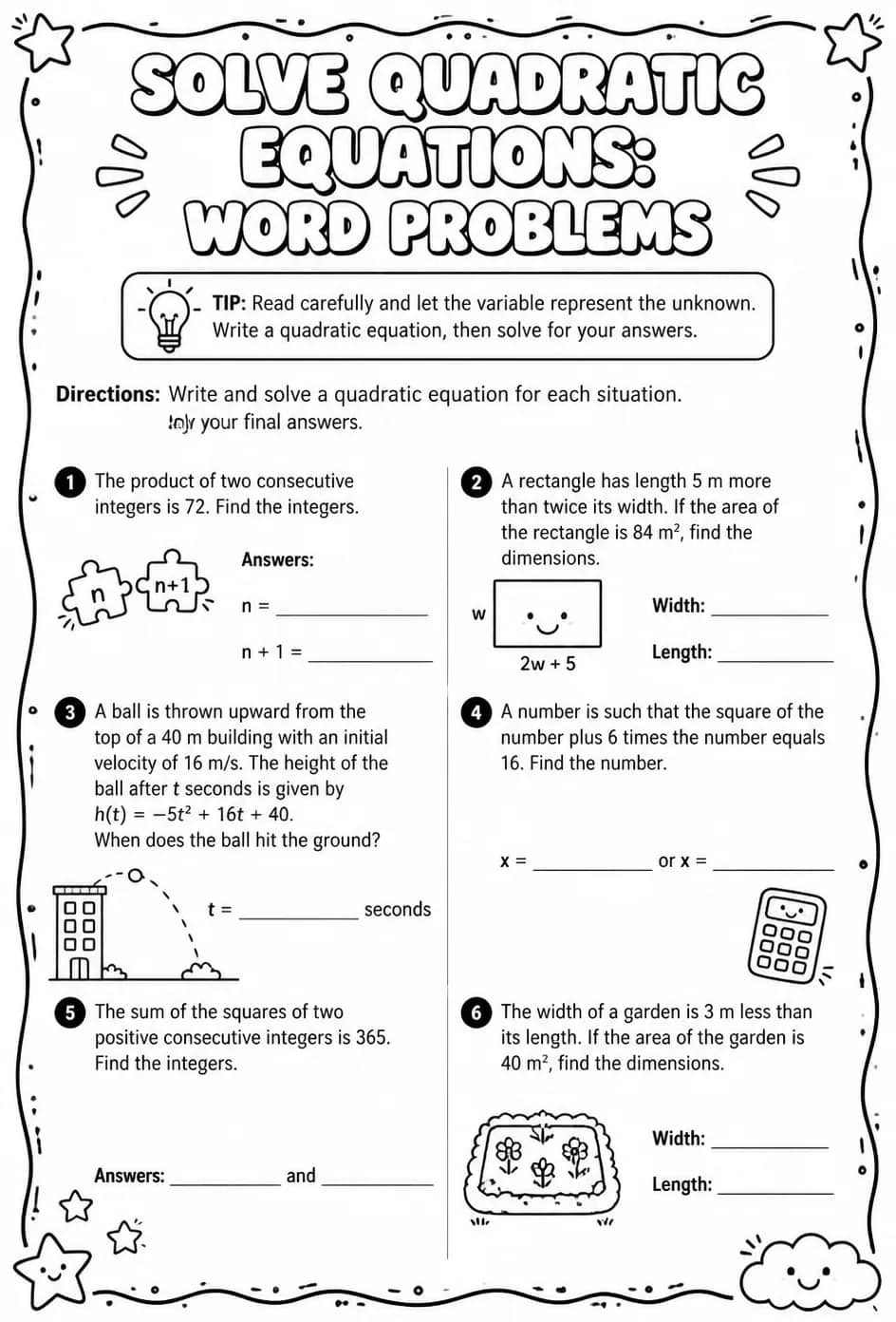 Solve quadratic equations: word problems — free printable Algebra 2 math worksheet