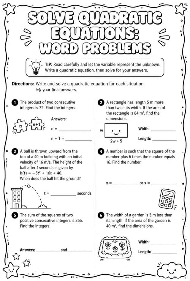 Solve quadratic equations: word problems