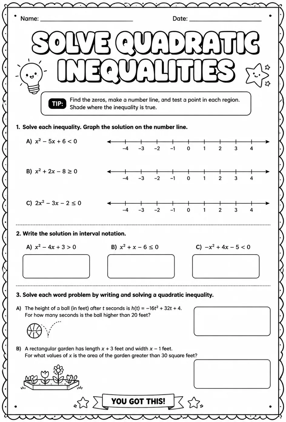 Solve quadratic inequalities — free printable Algebra 2 math worksheet