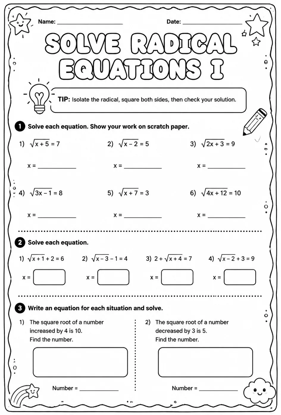 Solve radical equations I — free printable Algebra 1 math worksheet
