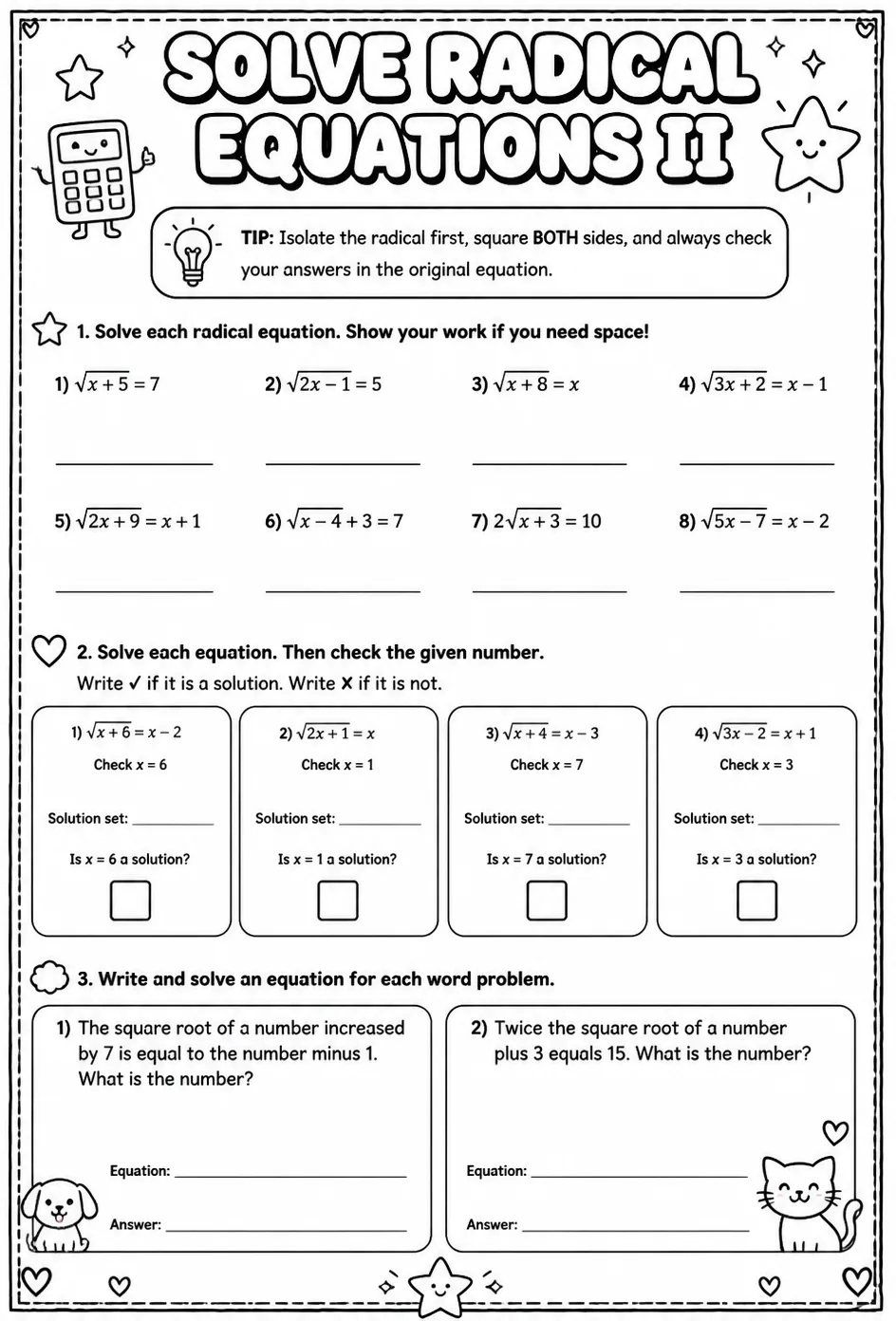 Solve radical equations II — free printable Algebra 1 math worksheet