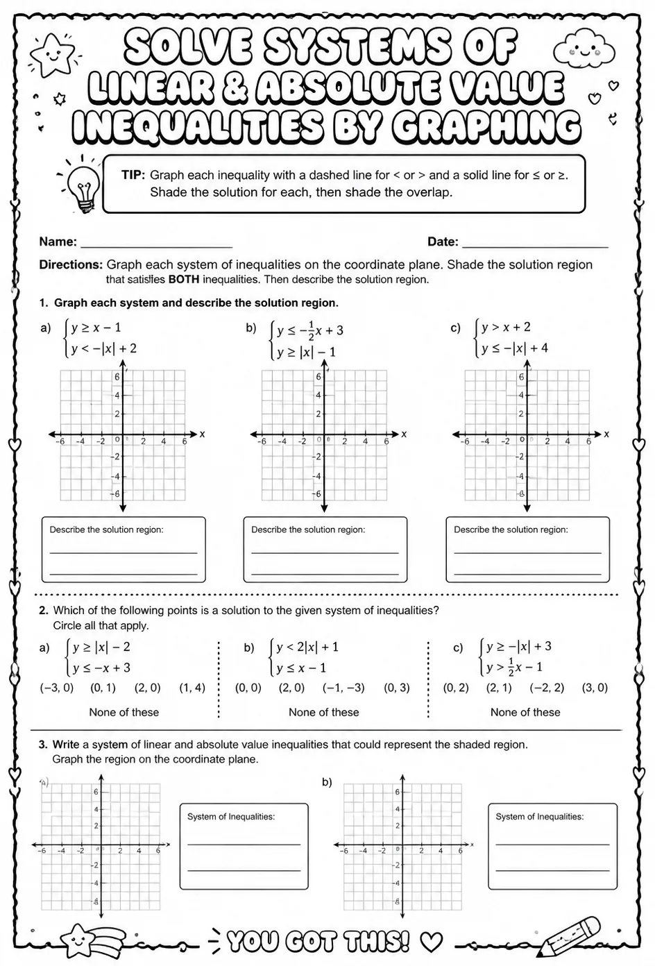 Solve systems of linear and absolute value inequalities by graphing — free printable Algebra 2 math worksheet