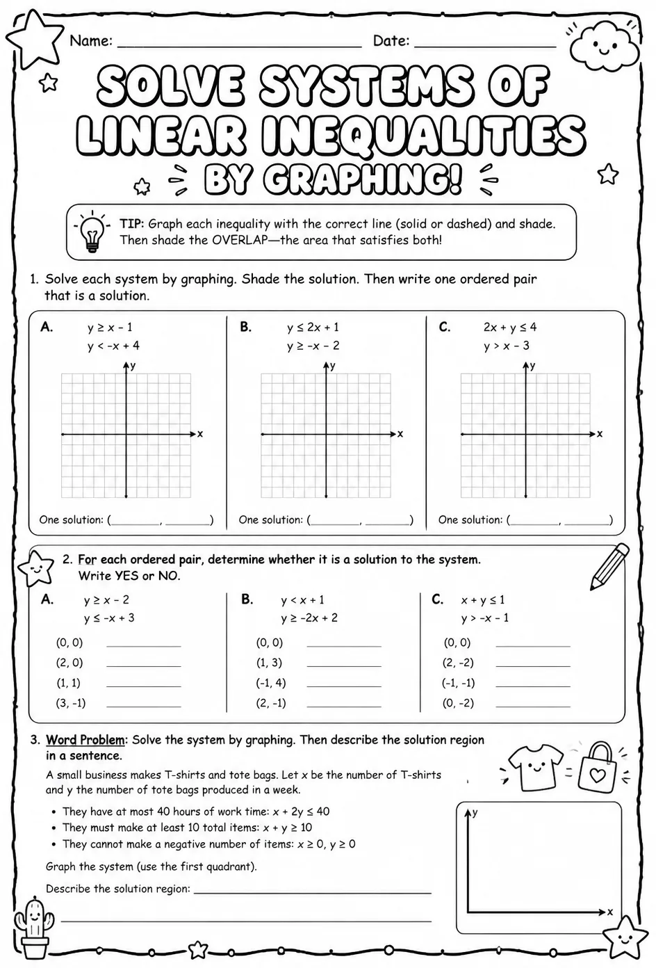 Solve systems of linear inequalities by graphing — free printable Algebra 1 math worksheet