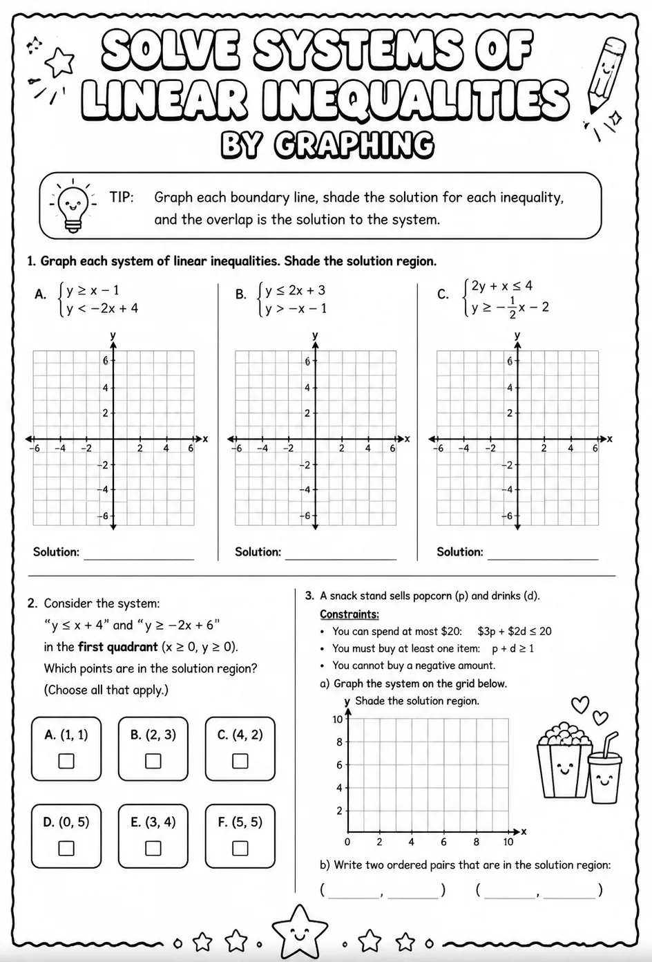 Solve systems of linear inequalities by graphing — free printable Algebra 2 math worksheet