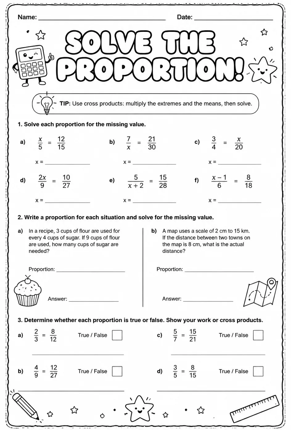 Solve the proportion — free printable Grade 6 math worksheet