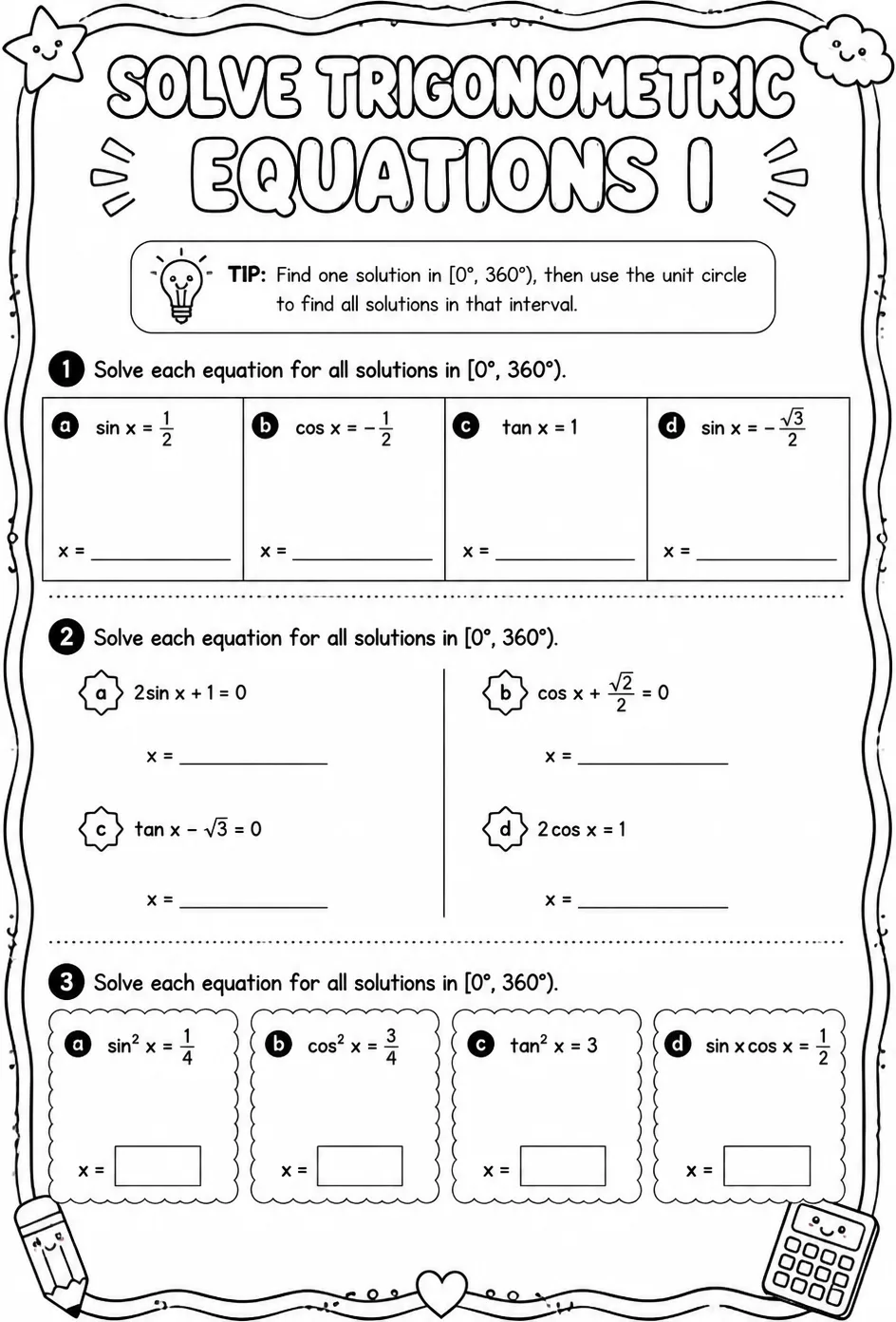 Solve trigonometric equations I — free printable Algebra 2 math worksheet