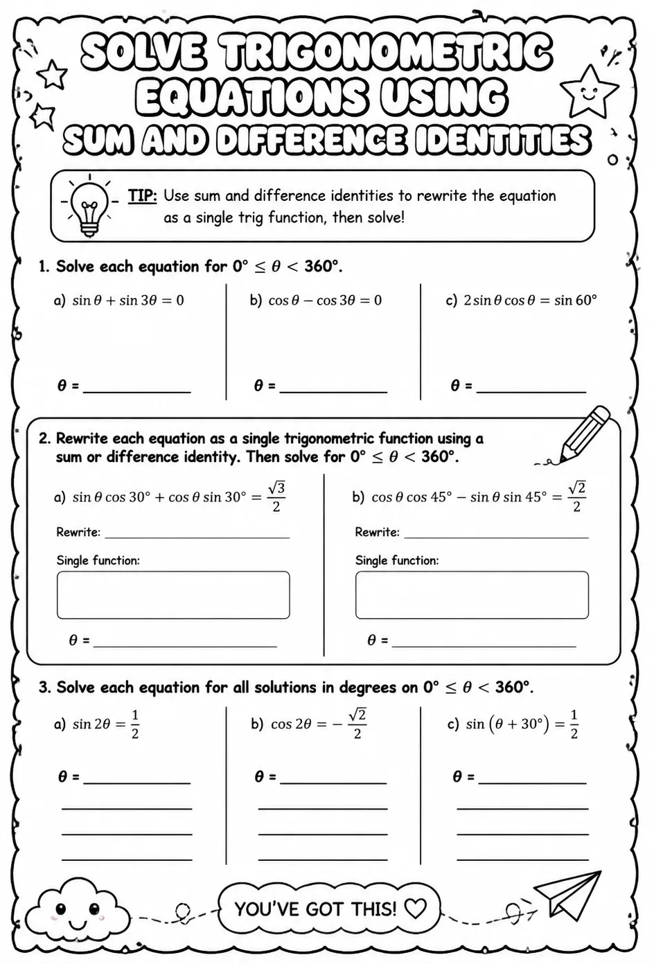 Solve trigonometric equations using sum and difference identities — free printable Algebra 2 math worksheet