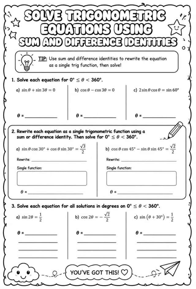 Solve trigonometric equations using sum and difference identities