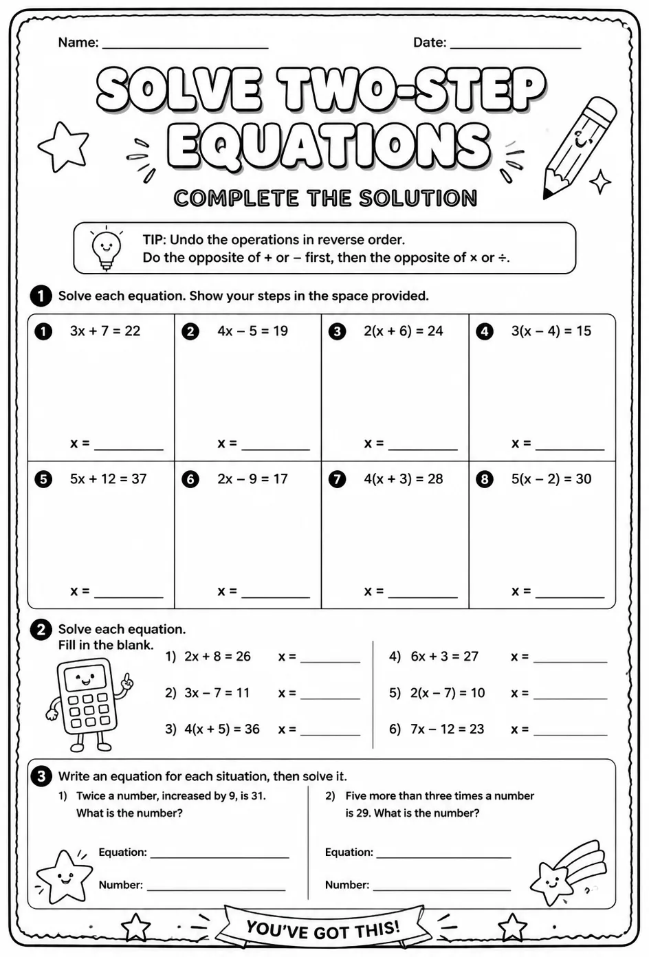 Solve two-step equations: complete the solution — free printable Grade 8 math worksheet