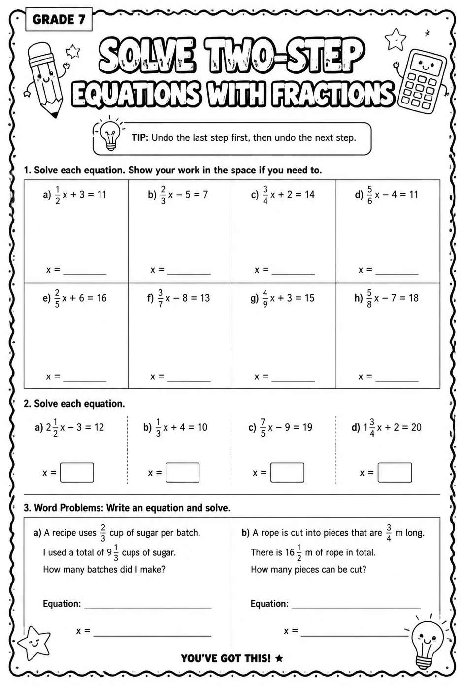 Solve two-step equations with fractions — free printable Grade 7 math worksheet