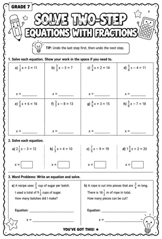 Solve two-step equations with fractions
