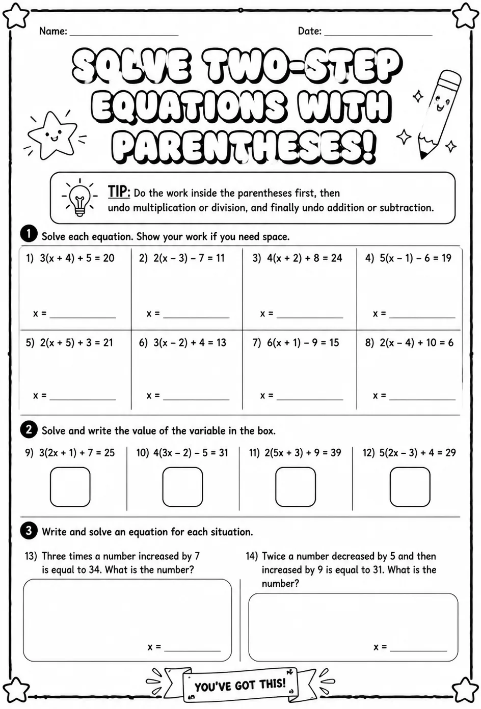 Solve two-step equations with parentheses — free printable Grade 7 math worksheet