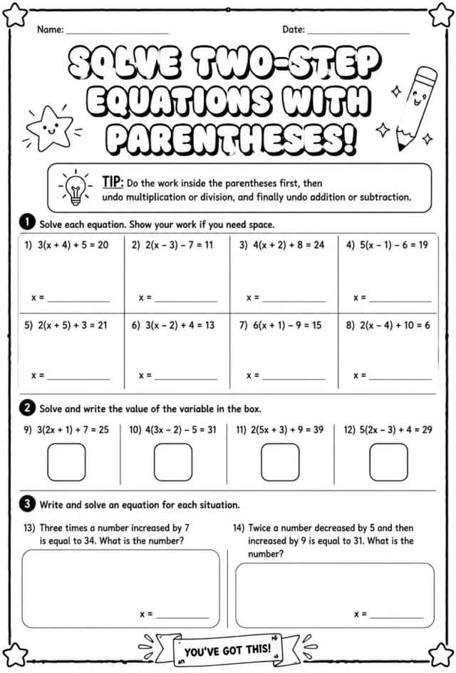 Solve two-step equations with parentheses