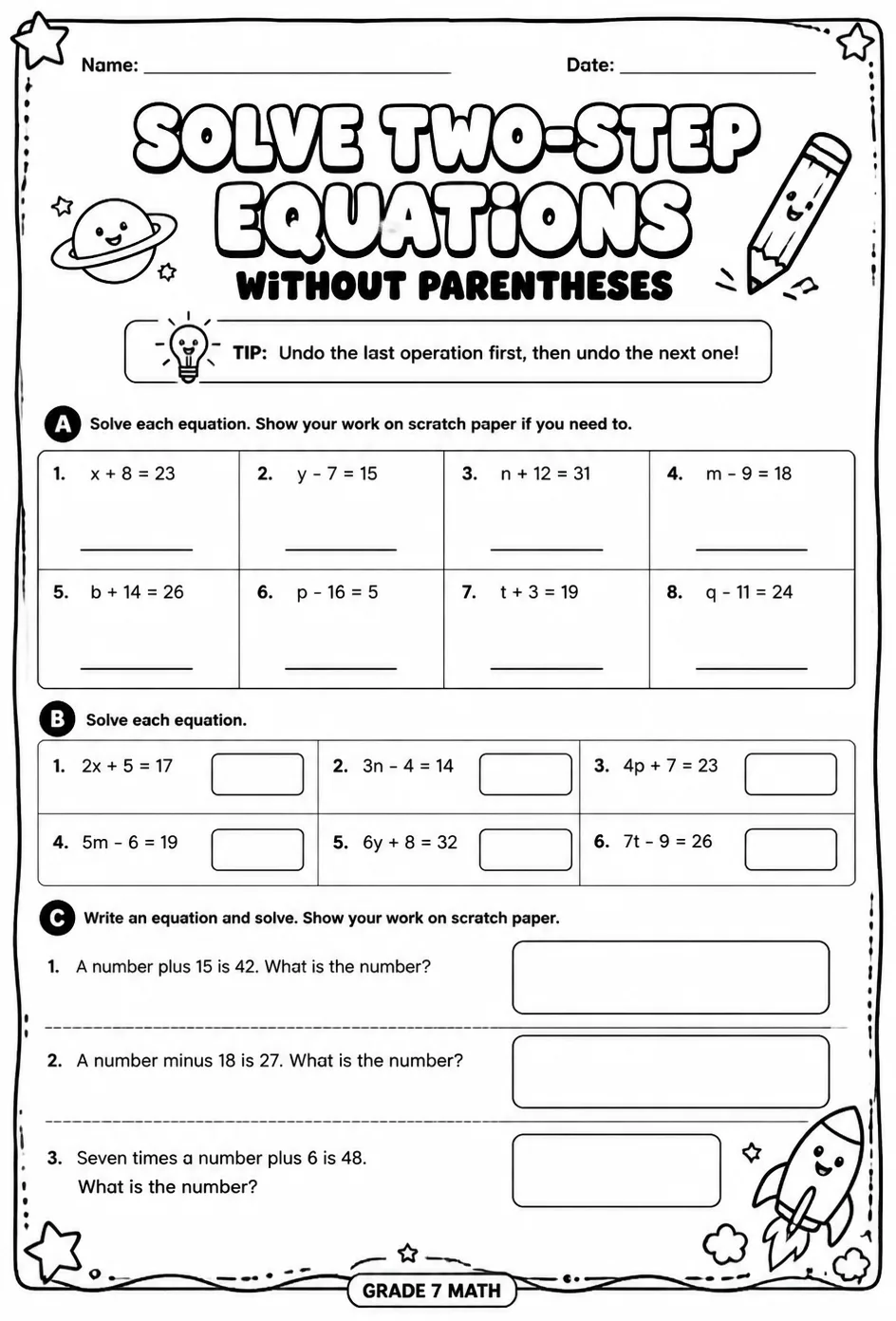 Solve two-step equations without parentheses — free printable Grade 7 math worksheet