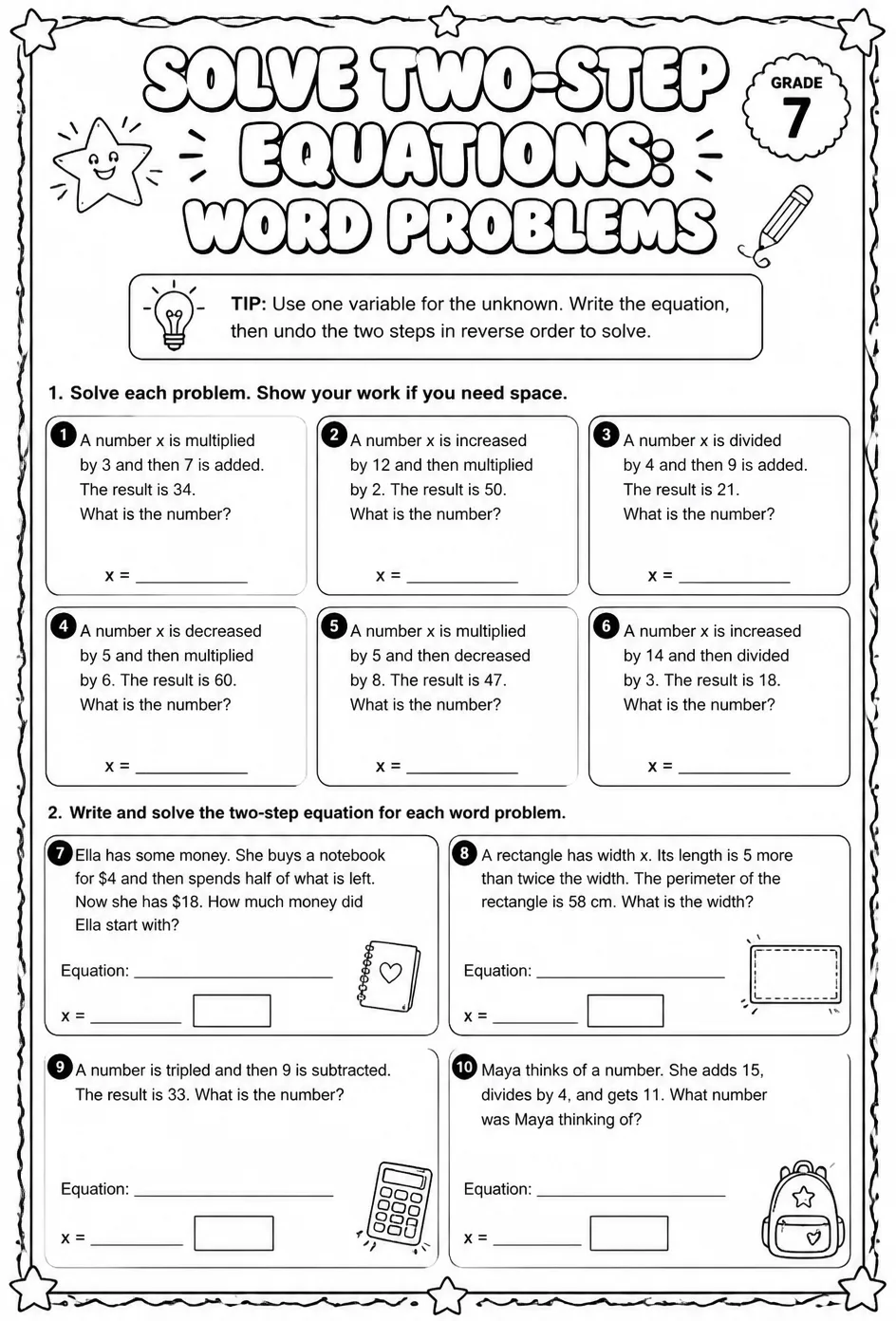 Solve two-step equations: word problems — free printable Grade 7 math worksheet