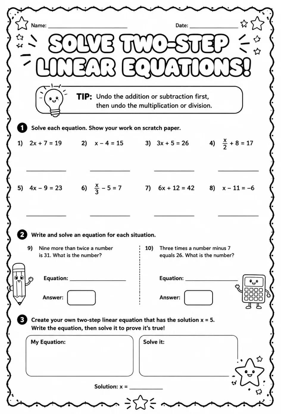 Solve two-step linear equations — free printable Algebra 1 math worksheet