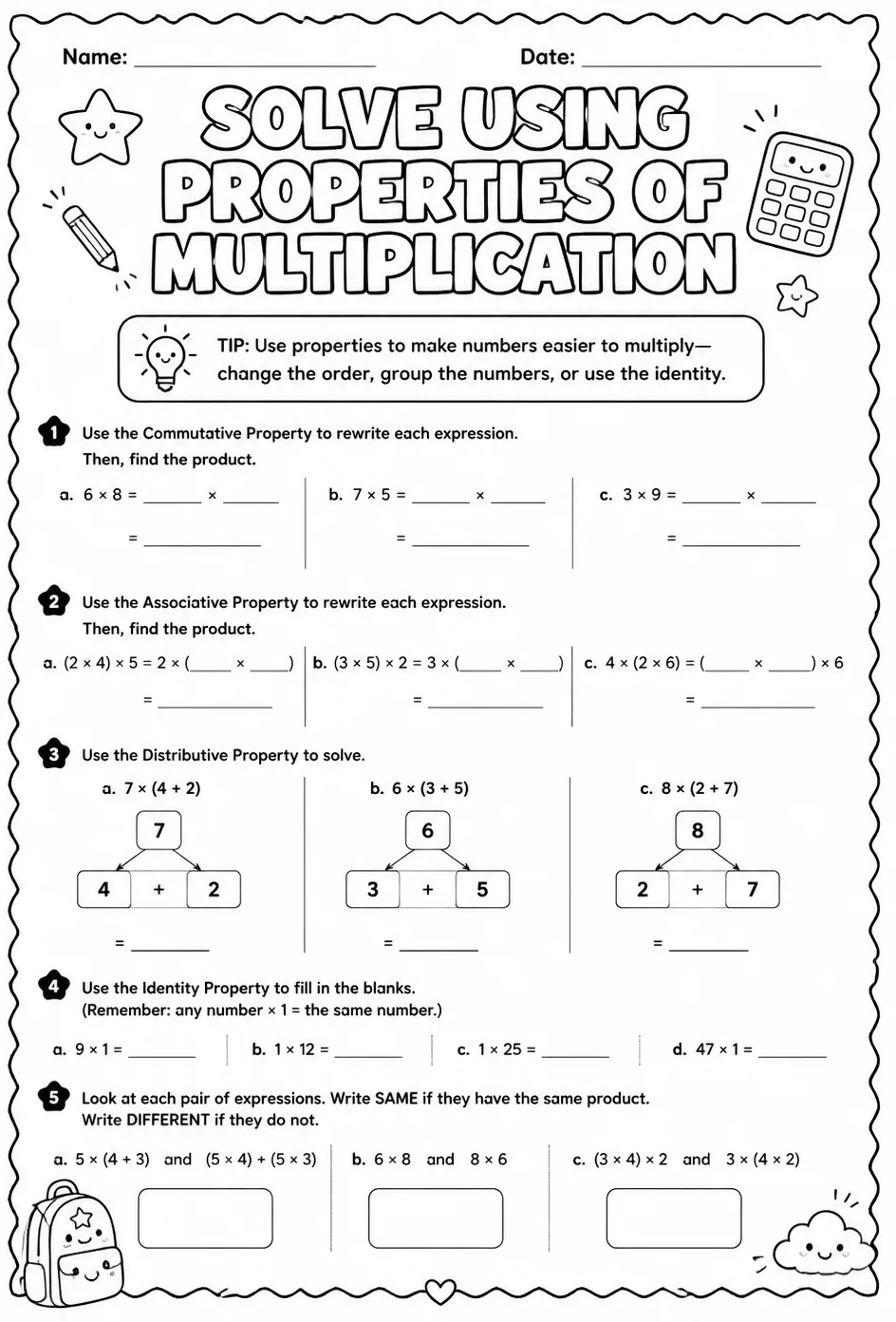 Solve using properties of multiplication — free printable Grade 3 math worksheet