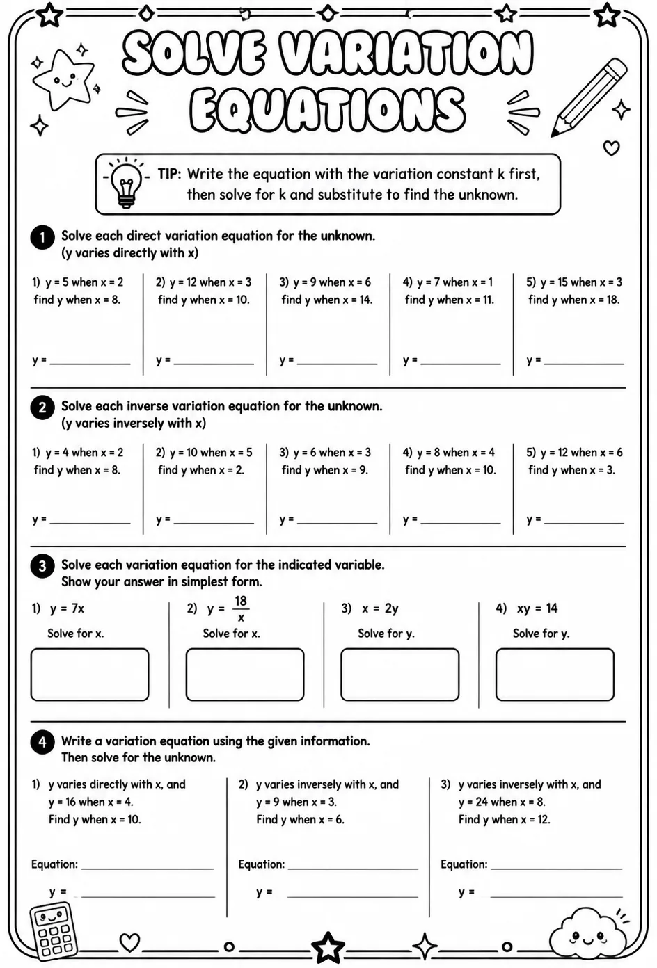 Solve variation equations — free printable Algebra 2 math worksheet