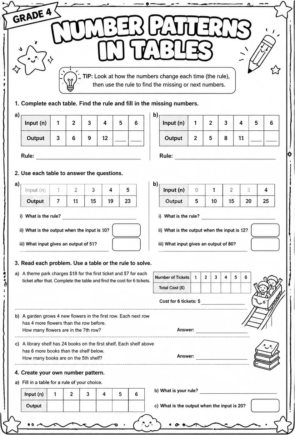 Solve word problems involving number patterns in tables — free printable Grade 4 math worksheet