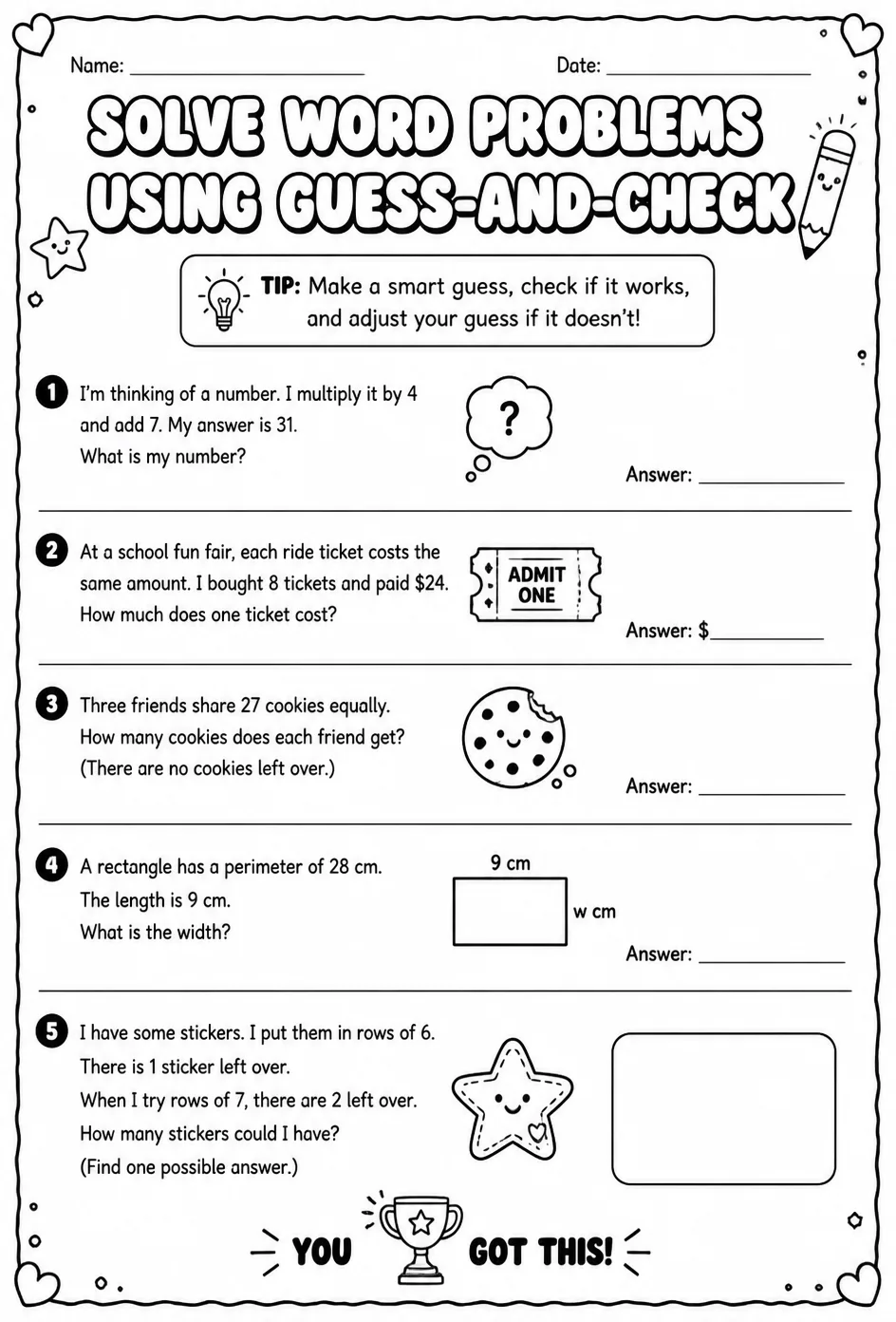 Solve word problems using guess-and-check — free printable Grade 4 math worksheet