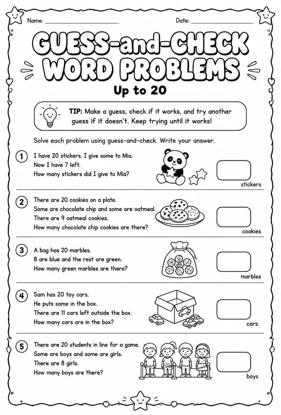 Solve word problems using guess-and-check - up to 20 — free printable Grade 2 math worksheet