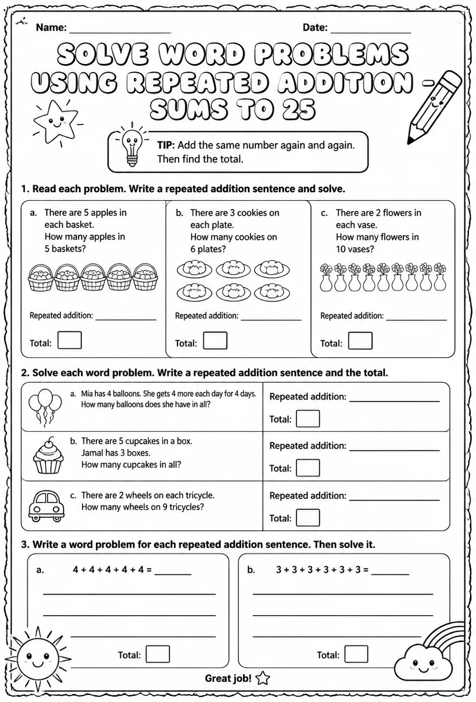 Solve word problems using repeated addition - sums to 25 — free printable Grade 2 math worksheet