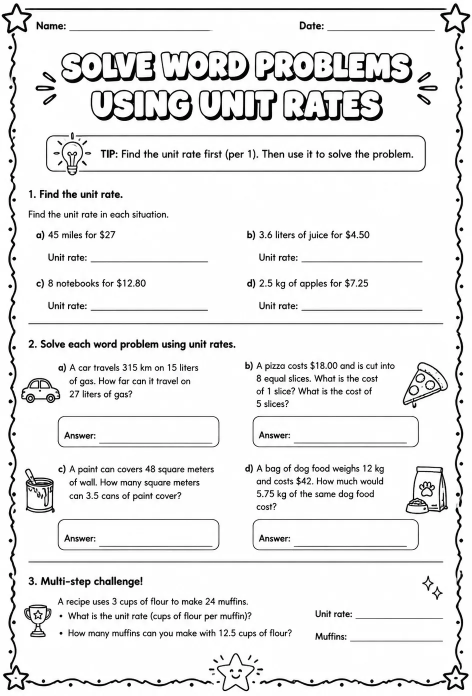Solve word problems using unit rates — free printable Grade 7 math worksheet