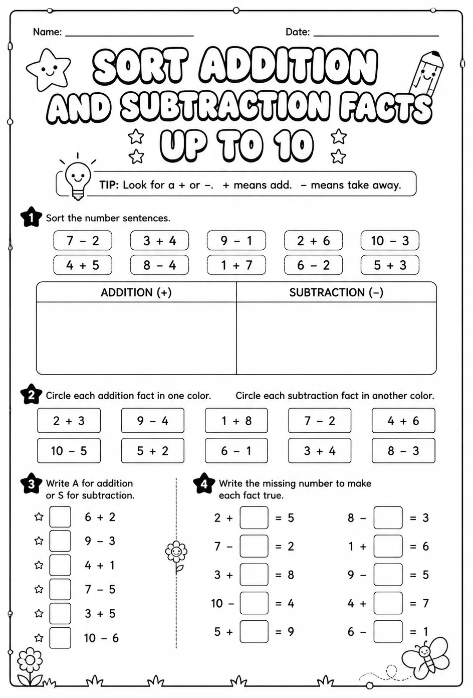 Sort addition and subtraction facts - up to 10 — free printable Grade 1 math worksheet