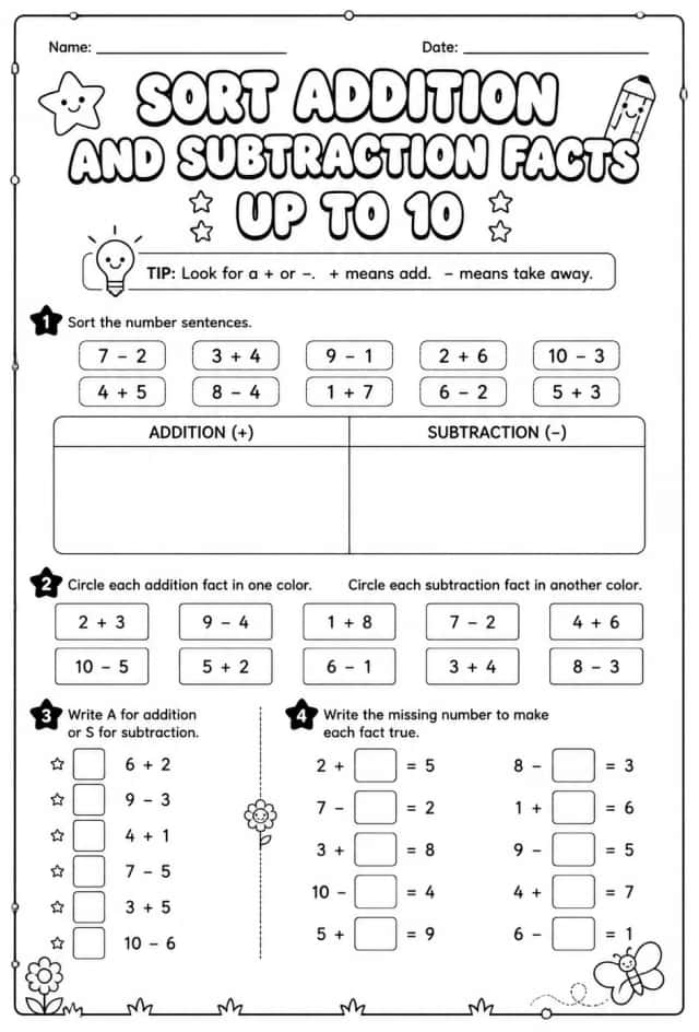 Sort addition and subtraction facts - up to 10