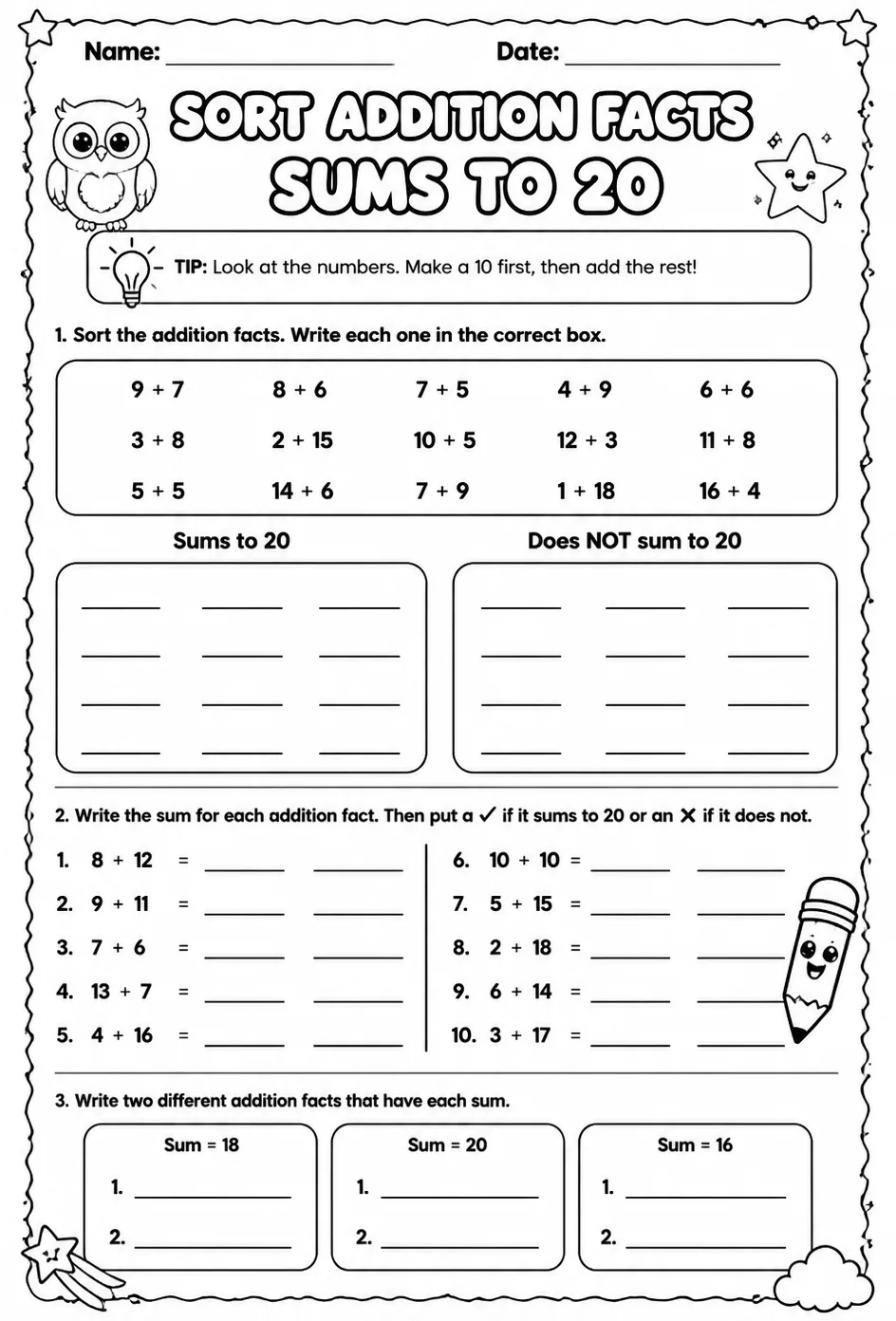 Sort addition facts - sums to 20 — free printable Grade 2 math worksheet