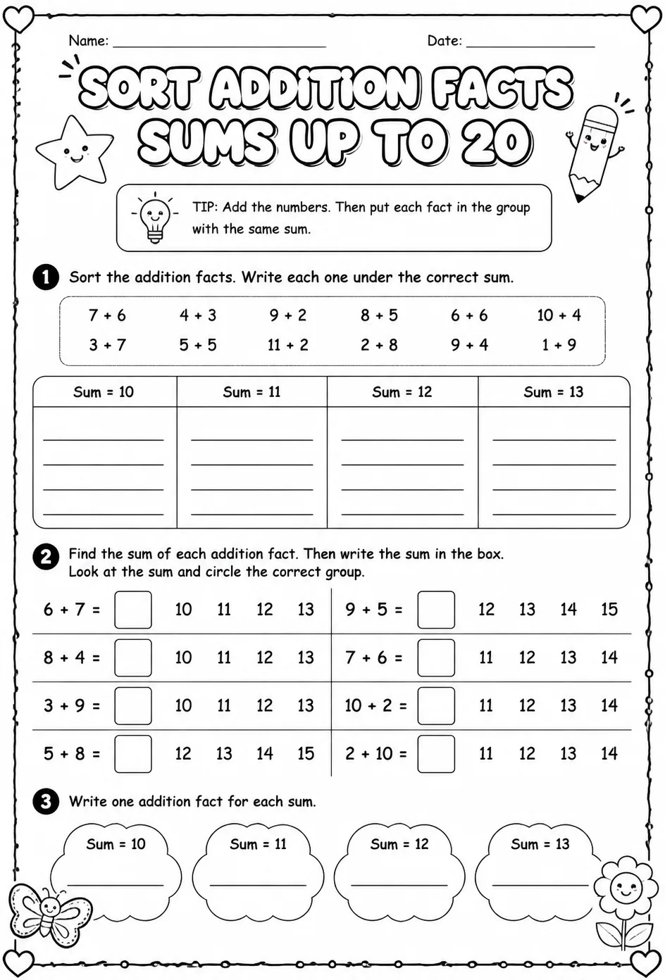 Sort addition facts - sums up to 20 — free printable Grade 1 math worksheet