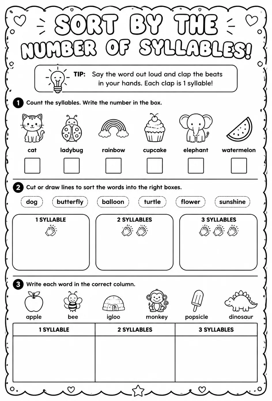 Sort by the number of syllables — free printable Reading foundations English worksheet