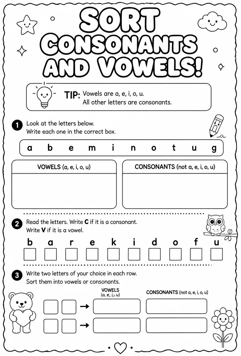 Sort consonants and vowels — free printable Reading foundations English worksheet