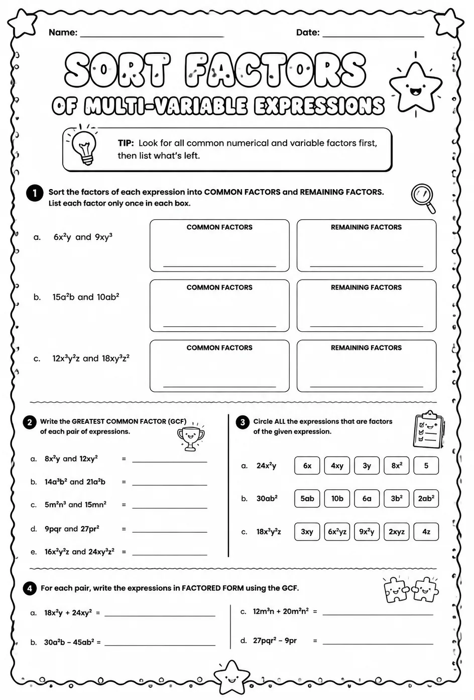 Sort factors of multi-variable expressions — free printable Algebra 2 math worksheet