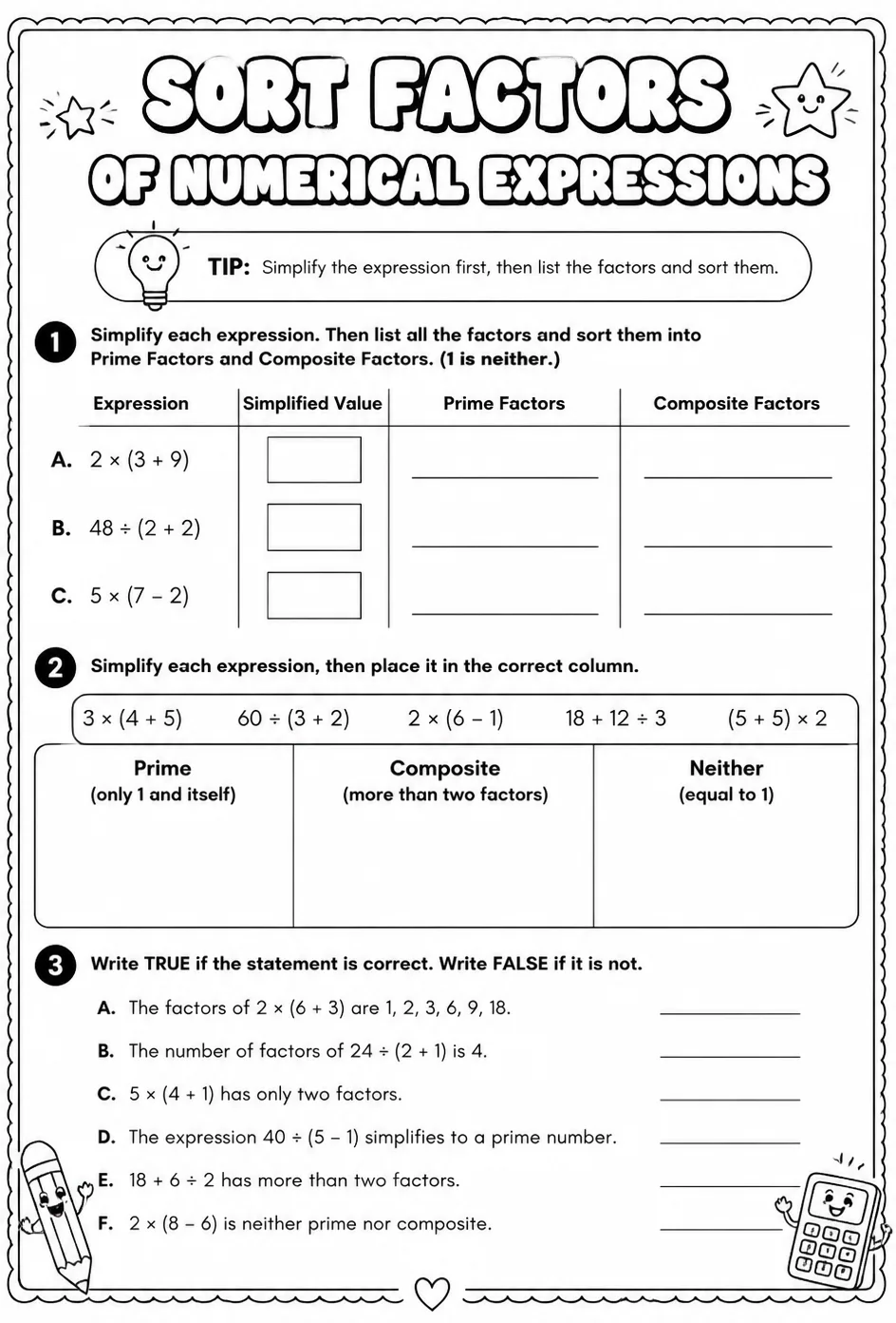Sort factors of numerical expressions — free printable Grade 6 math worksheet