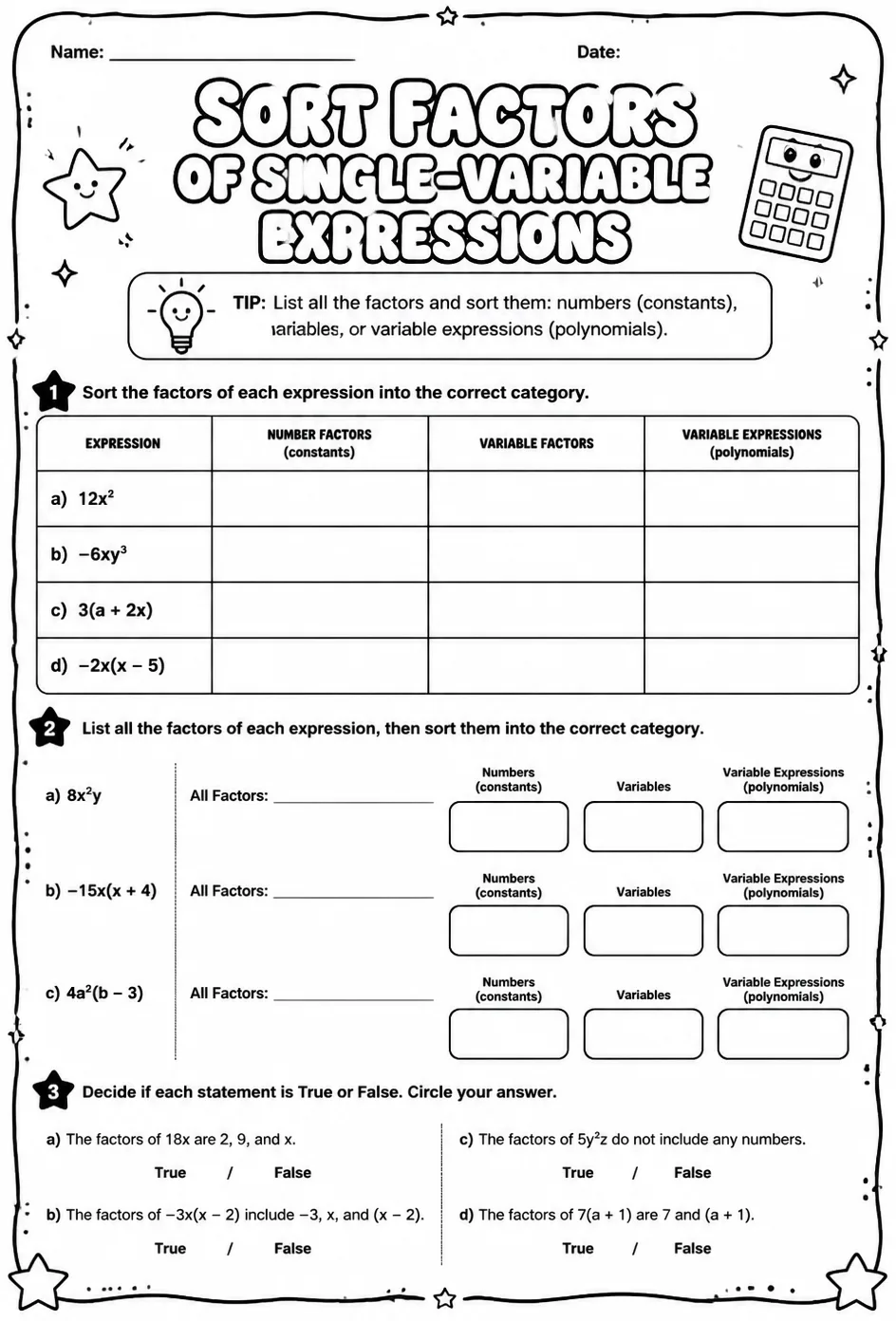 Sort factors of single-variable expressions — free printable Algebra 2 math worksheet