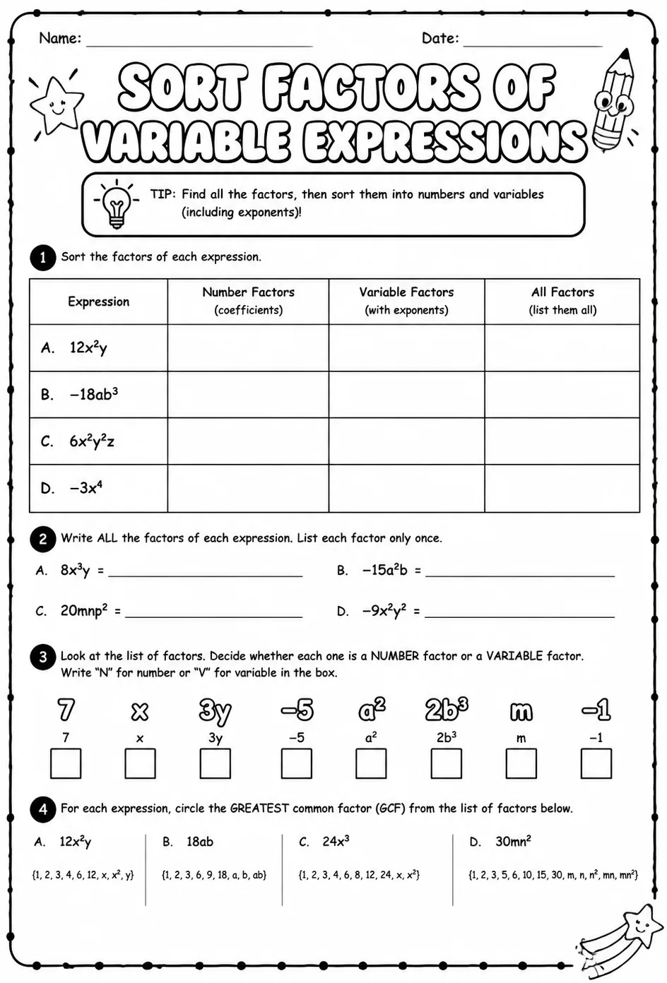 Sort factors of variable expressions — free printable Algebra 1 math worksheet