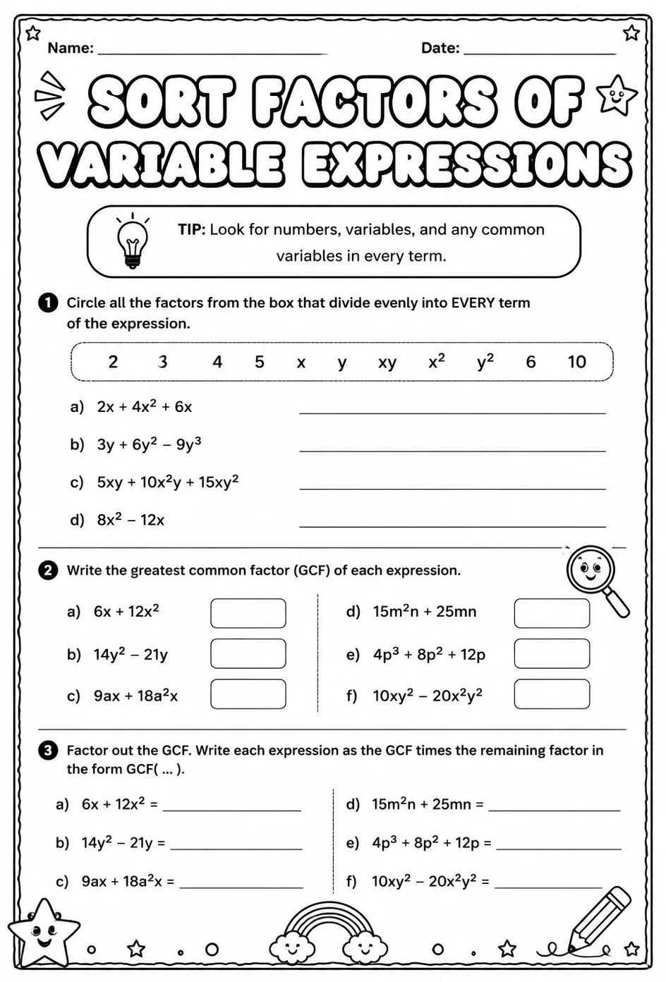 Sort factors of variable expressions — free printable Grade 7 math worksheet