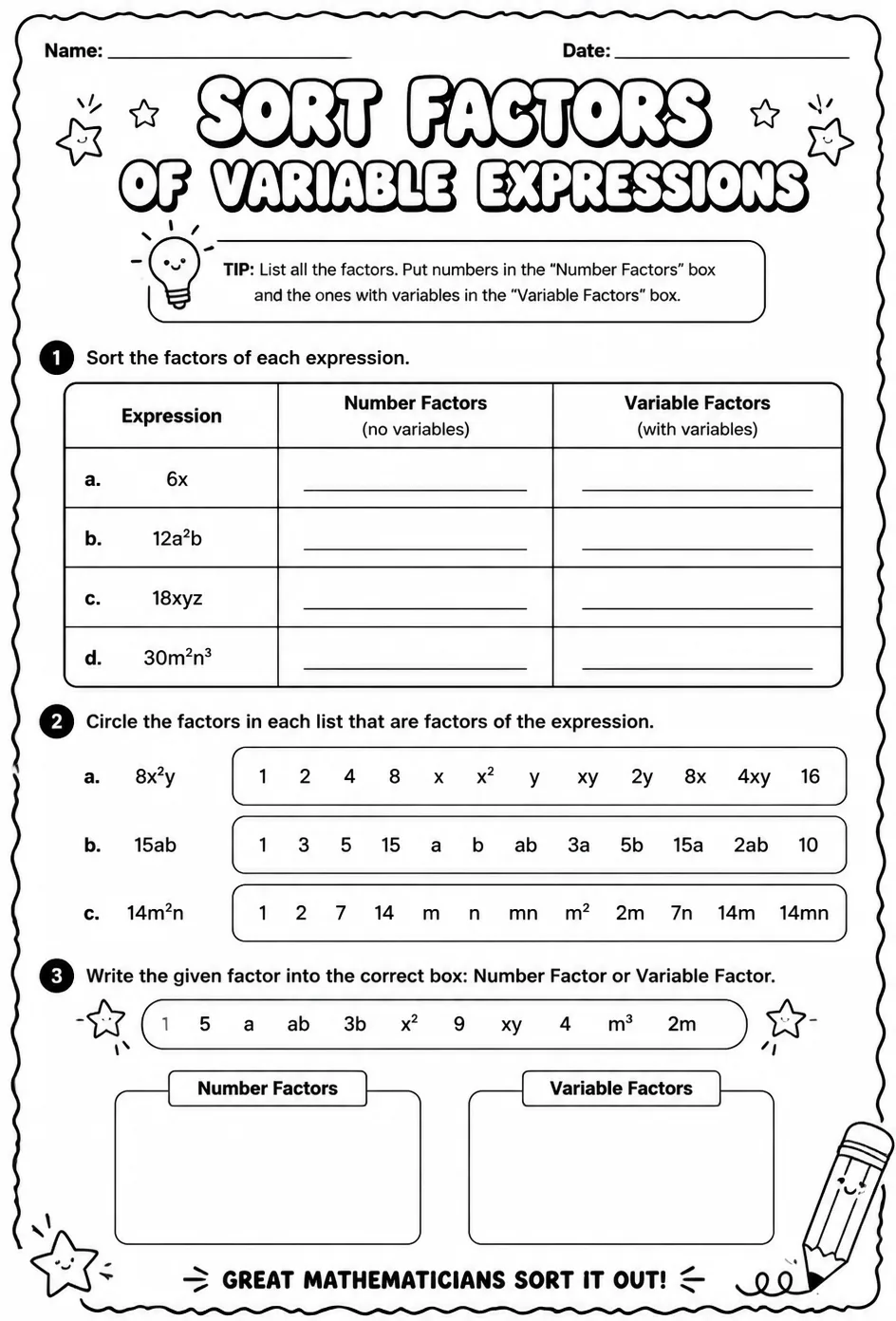 Sort factors of variable expressions — free printable Grade 8 math worksheet