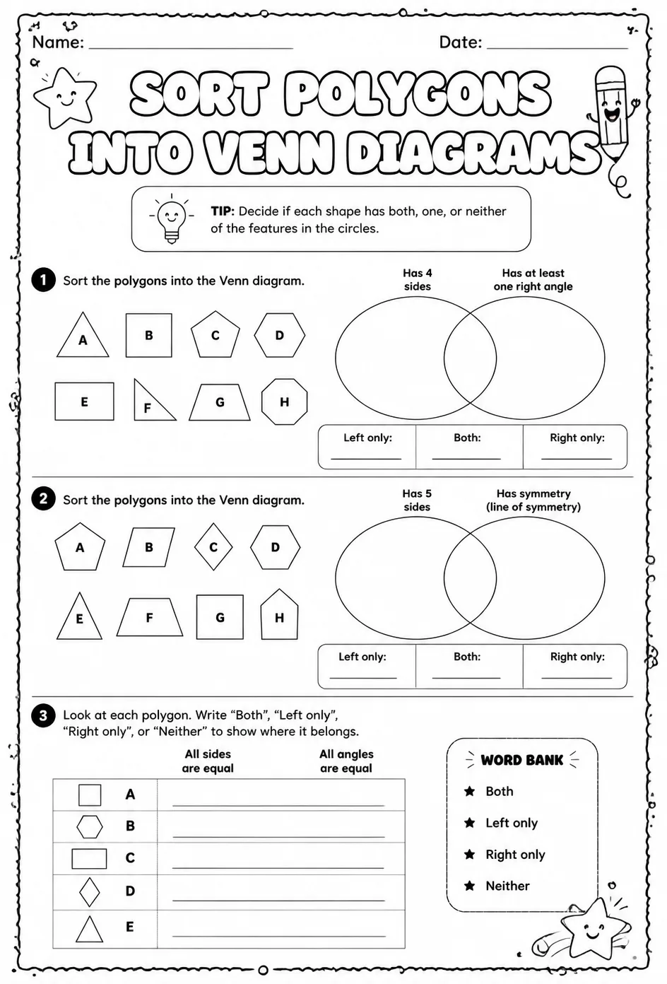 Sort polygons into Venn diagrams — free printable Grade 5 math worksheet