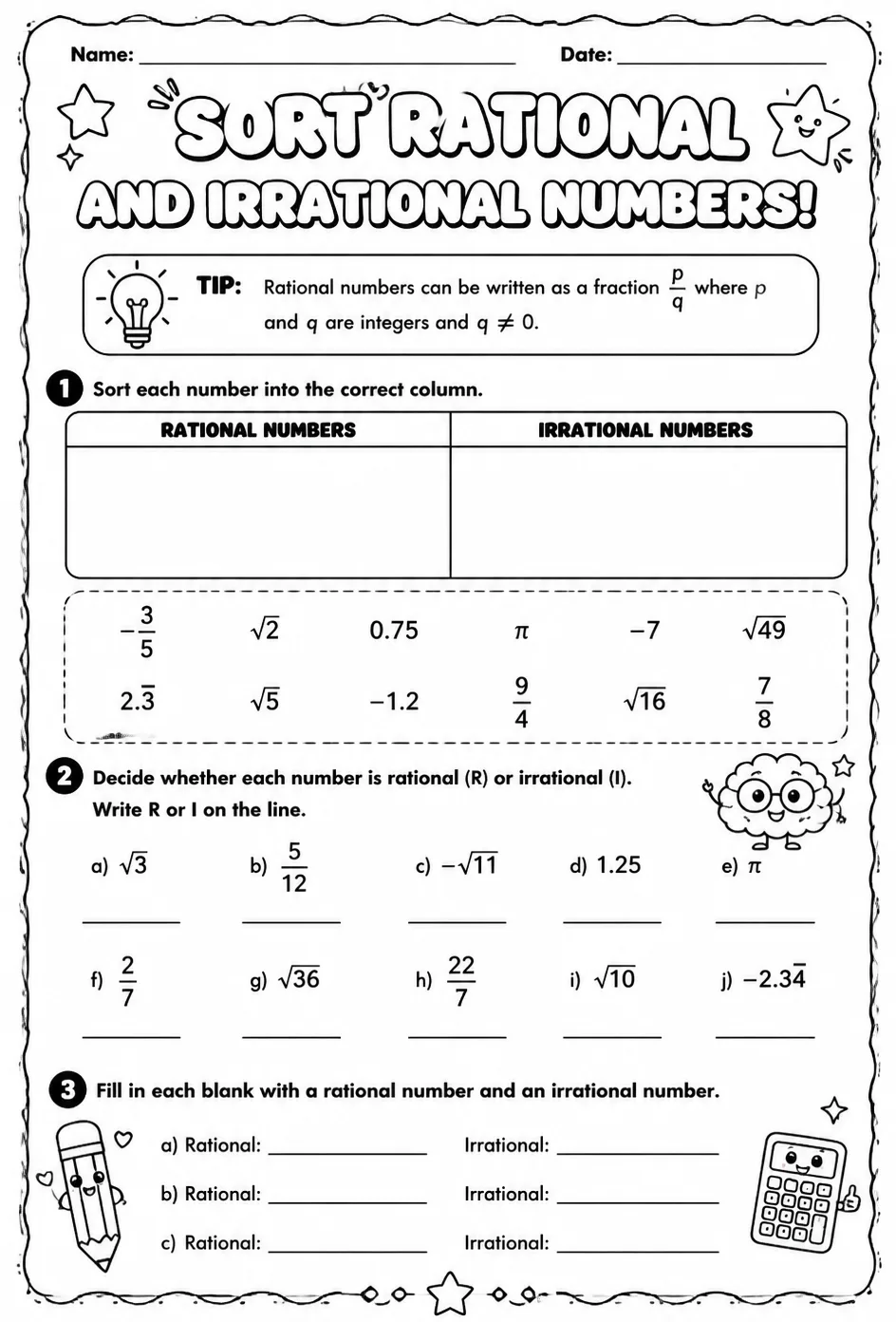 Sort rational and irrational numbers — free printable Algebra 2 math worksheet