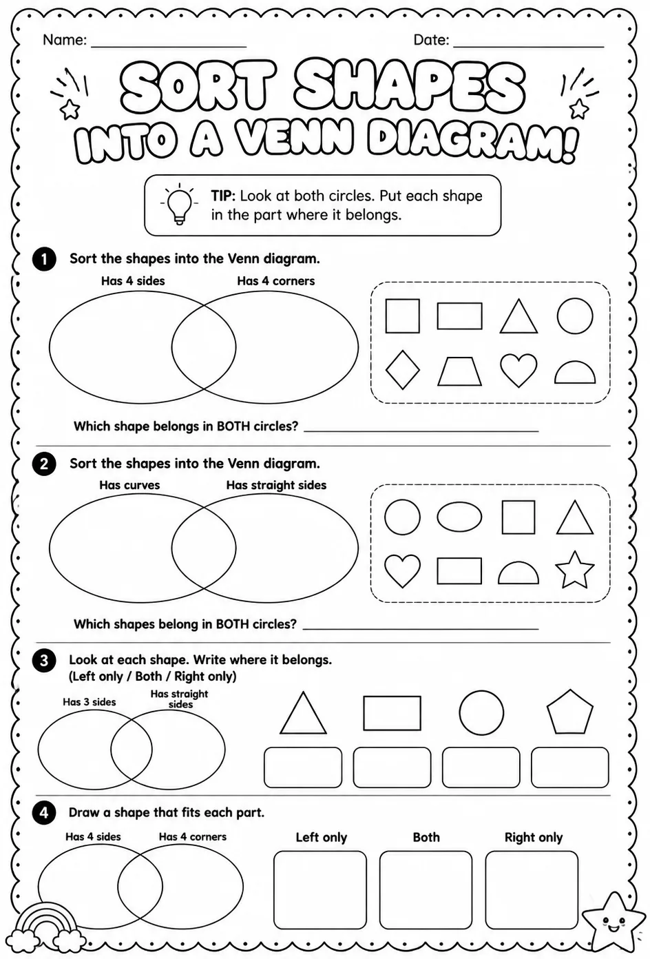 Sort shapes into a Venn diagram — free printable Grade 1 math worksheet
