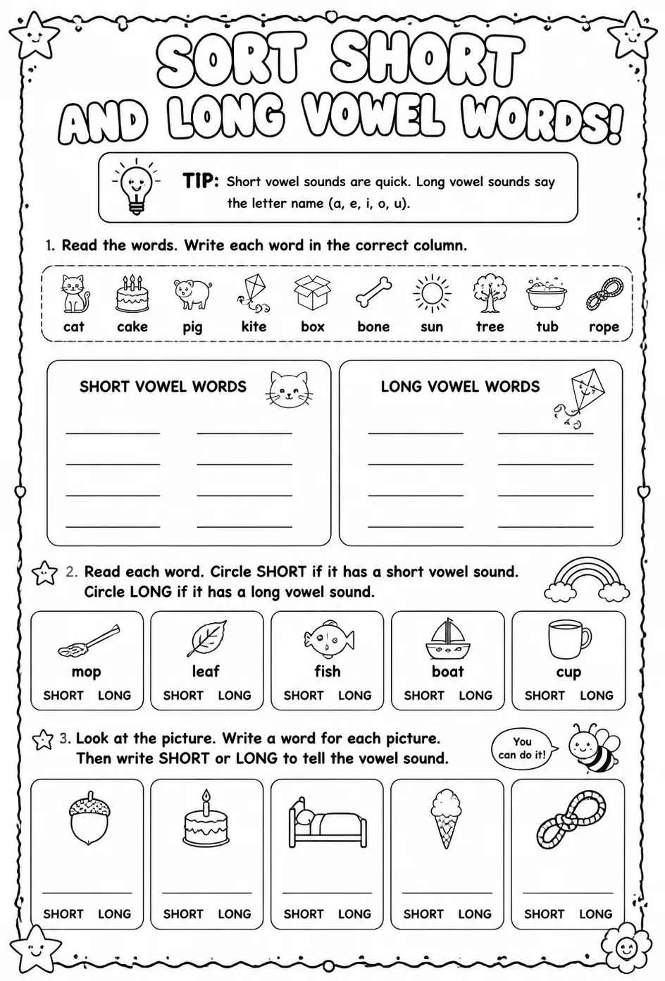 Sort short and long vowel words — free printable Reading foundations English worksheet