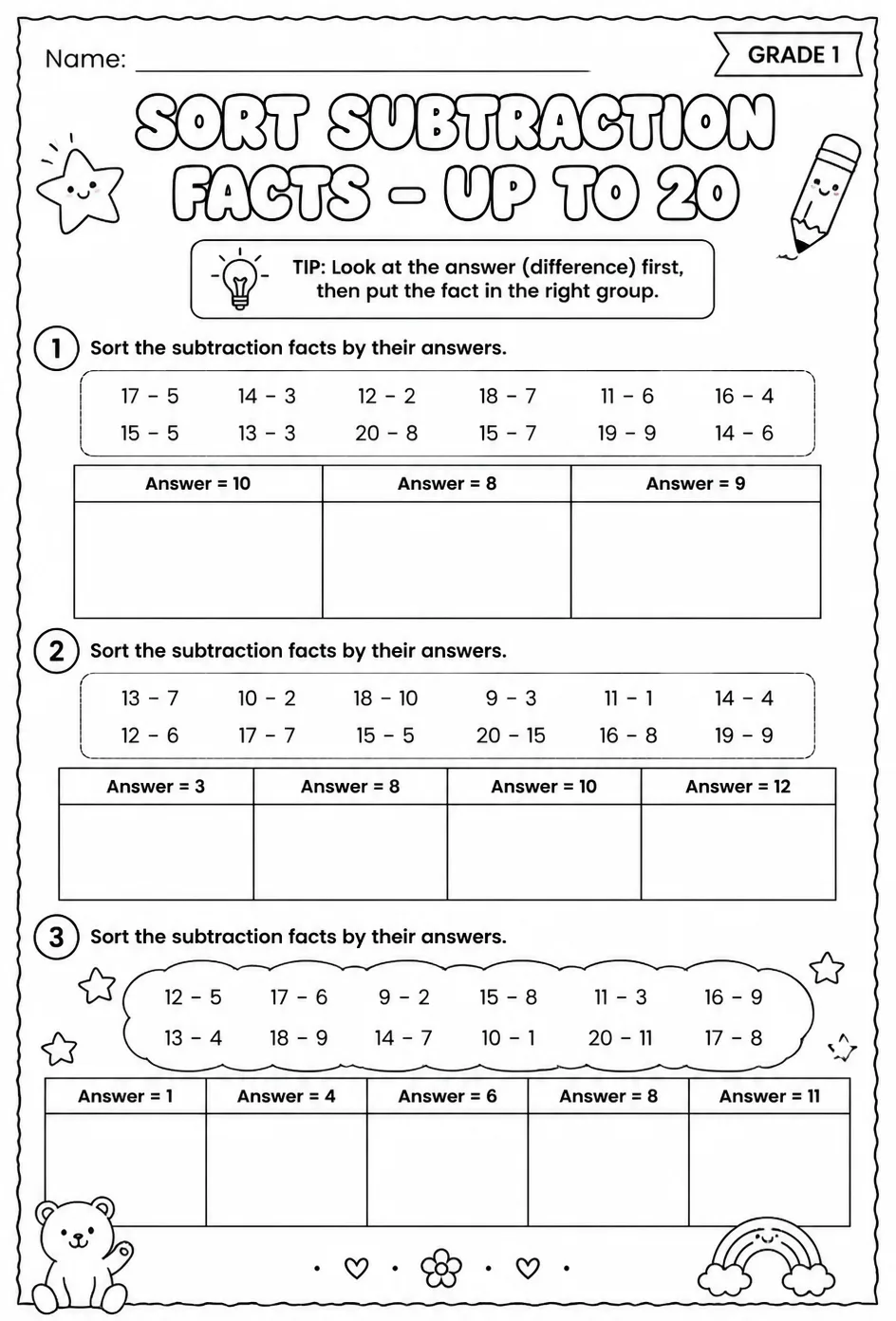 Sort subtraction facts - up to 20 — free printable Grade 1 math worksheet